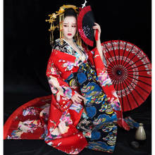 Vestido japonês de quimono tradicional, traje feminino clássico de geisha com manga morcego e flores yukata, estampa sexy para show de palco 2024 - compre barato