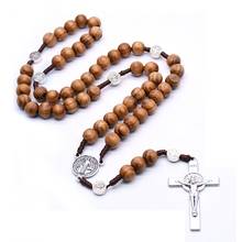 QIGO Handmade Strand Necklace Catholic Brown Wood Cross Rosary Necklace Religious Pray Jewelry 2024 - buy cheap