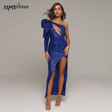2020 Autumn Women's One-shoulder Blue Sequined Dress Sexy Puff Sleeve Split Hollow Bodycon Dress Club Evening Party Long Dresses 2024 - buy cheap