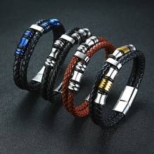 Vnox dupla camadas trançado pulseiras de couro genuíno para homens manguito pulseira de aço inoxidável punk masculino jóias com ímã fecho 2024 - compre barato