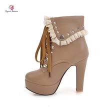 Botines informales con remaches y hebilla de Metal para mujer, zapatos de punta redonda, con cordones, talla 4-16 2024 - compra barato