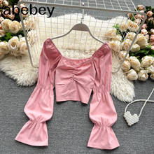 Women Bohemian Solid Blouse Korean Style Sweet Square Collar Slim Short Tops Spring Elastic Ruched Streetwear Blouses 2024 - buy cheap