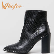Rivets Black Crocodile Woman High Chunky Heels Pointed Toe Ankle Boots Zipper Ladies Winter Booties Warm Plush Large Size 33 39 2024 - buy cheap