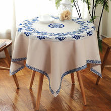 Mantel redondo de flores azules de estilo chino, cubierta de mesa de lino y algodón impermeable, decoración para cocina y fiesta de boda 2024 - compra barato