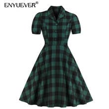 Enyuever Green Plaid Dress Summer Clothes Short Sleeve Turn Down Collar Robe Pin Up Swing Retro Vintage Dress Women Clothing 2024 - buy cheap