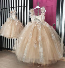 New Champagne Tulle Handmade Flowers Girls Dresses Pageant Gown Sheer Neck Ball Gown Children Elegant Prom Party Dress 2024 - buy cheap