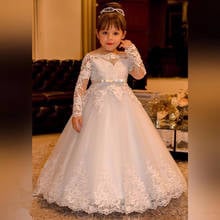 Flower Girl Dresses For Weddings A-line Long Sleeves Tulle Appliques Beaded Long First Communion Dresses Little Girl 2024 - buy cheap