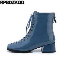 Shoes Square Toe Black Brand Women Winter Boots Genuine Leather Handmade Blue Real Fall Lace Up Block Patent Ankle Chunky Autumn 2024 - buy cheap