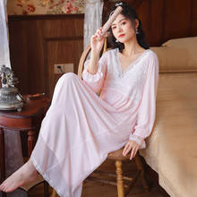Roseheart rosa novo branco sexy sleepwear noite vestido longo rendas com decote em v feminino nightwear camisola tribunal vestido 2024 - compre barato