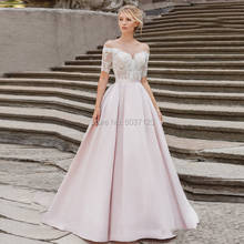Pink Satin A Line Wedding Dresses Off the Shoulder Half Sleeves Bridal Gowns Court Train Button Illusion Vestido De Noiva 2024 - buy cheap