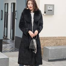 2020 Women Real Rabbit Fur Long Coat Thick Warm Overcoat Natural Fox Fur Collar Coats Belted Slim Fit Real Fur Jacket Outwear 2024 - buy cheap