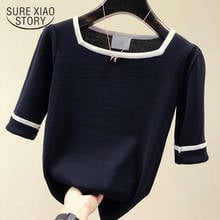 Shirts Woman Summer New Fashion Chic Square Collar Shirt Women Thin Knitted Blouse Shirt Short Sleeve Pullover Tops Femme 13405 2024 - buy cheap