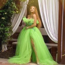Chic Grass Green Formal Dresses Party Dress Tulle Evening Gowns Off Shoulder Custom Made Puffy Slit Floral Women Prom Gowns 2024 - buy cheap