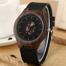 Black Ebony Wood Watches Stripe Men's Skeleton Movement Dial Clock Timepiece Gift Soft Leather Band Male Wrist Clock Retro Reloj 2024 - buy cheap