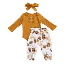 Novo conjunto de roupas para bebês 3 peças, fashion, manga longa, com babados, macacão + calças florais, conjunto com tiara para bebê 2024 - compre barato