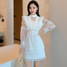 Кружевное белое платье с воротником-стойкой, женское весенне-осеннее мини-платье с оборками, вечерние нее платье с высокой талией, прямое Прозрачное платье B263 2024 - купить недорого