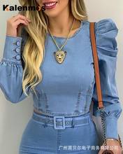 Camisa elegante para mujer, blusa coreana azul claro de manga larga con burbujas, Tops ajustados de Francais, ropa de calle para mujer de otoño 2024 - compra barato
