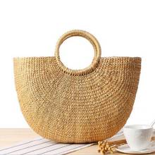 1 PCs Handmade Cotton Linen Beach Bag Weaving Bamboo Bag Wood Top-handle Handbags Ladies Round Straw Bag Moon Shaped Wrapped Bag 2024 - buy cheap