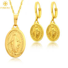 Fine4u n635 virgem mary conjunto de jóias feminino noiva casamento ouro cor milagrosa medalha colar & brincos conjuntos 2024 - compre barato