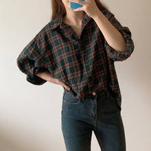 2020 New Spring Korea Fashion Women Long Sleeve Turn-down Collar Loose Shirts All-matched Casual Vintage Plaid Long Blouse S514 2024 - buy cheap