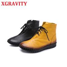XGRAVITY Plus Big Size 35-43 New Genuine Leather Hand-made Women Boots Lace UP Flat Boots Casual Ladies Shoes Martin Shoe S128 2024 - compre barato