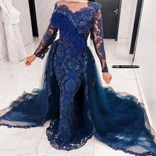 Trendy Lace Aso Ebi Evening Dresses Mermaid Plus Size With Tulle Overskirt Beaded Feathers Women Prom Party Dress Long Sleeve 2024 - buy cheap