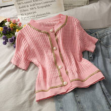 Suéter feminino com laço gola redonda, blusa feminina manga curta cardigã estilo single-breasted com botões pérola 2024 - compre barato
