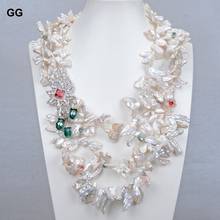 GuaiGuai Jewelry 3 Strands Natural White Keshi Pearl Colorful Crystal Necklace CZ Pave Crystal Pendant 18" 2024 - buy cheap