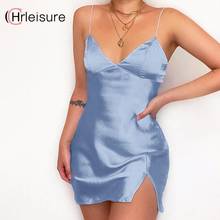 Chrleisure sexy senhoras vestido feminino verão neon satin espaguete cinta d v-neck mini vestidos noite clubwear sem costas fenda 2024 - compre barato