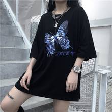 Dark ink butterfly letter print Oversize loose short-sleeved T-shirt summer women Korean ulzzang Harajuku casual streetwear top 2024 - купить недорого