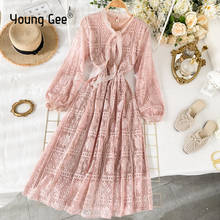 Young Gee Autumn Ladies Fashion Lace Crochet Long Puff Sleeves Swing Dress Elegant Women Elastic Waist Casual Slim Dresses 2024 - buy cheap