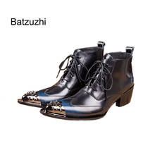 Batzuzhi moda 6.5cm botas de salto alto do homem apontado dedo do pé alto botas de tornozelo de couro genuíno masculino laço-up, tamanhos grandes US6-12 2024 - compre barato