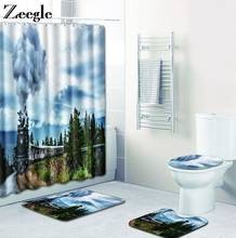 Zeegle-Juego de alfombrilla de baño y cortina de ducha con ganchos, Alfombra de Pedestal antideslizante para inodoro, absorbente, suave, juego de inodoro lavable, 4 Uds. 2024 - compra barato