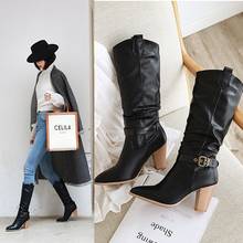 Women Mid-calf Boots Winter PU Leather Square Heel Boots Female Slip-on Pleated Buckle Pointed Toe Fashion Boots Women Shoes 2024 - buy cheap
