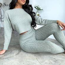 Fall Winter Stripe Knitted 2 Piece Warm Set Women Fashion Sweater Pullover Top Pants Streetwear Casual Matching Outfit Plus Size 2024 - buy cheap
