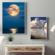 Céu nublado nórdico lua seascape pintura da lona poster impressão arte da parede fotos para sala de estar jantar moderna decoração casa 2024 - compre barato