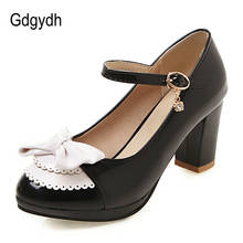 Gdgydh sapatos góticos lolita, tamanho grande 50, rosa, branco, mulheres, saltos altos, borboleta-nó, sapatos para festa, salto quadrado 2024 - compre barato