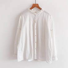 Blusa holgada de algodón con cuello levantado para mujer, camisa informal de manga larga, color blanco, estilo coreano, Otoño, novedad de 2020 2024 - compra barato