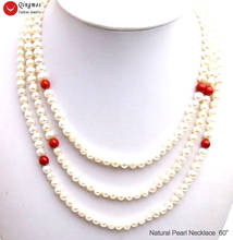 Женское Ожерелье с натуральным белым жемчугом Qingmos, 6-7 мм, круглый пресноводный жемчуг, 6 мм, круглое красное Коралловое ожерелье, 60 "длинное ожерелье 2024 - купить недорого