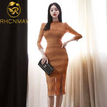 2020 New Korea Slim Embroidery Out Lace Dress Women Stand Collar Seven quarter sleeve Package hip Split Dress 2024 - buy cheap