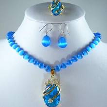Free shipping charm blue jades/opal necklace +blue zircon pendant earring ring 2024 - buy cheap