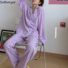 Conjunto de pijama a cuadros para mujer, ropa de casa con cuello vuelto Simple y elegante, pantalones holgados de cintura elástica, estilo coreano suave, otoño 2024 - compra barato
