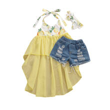 1-6Y Infant Baby Girls Clothes Sets Lenmon Print Sleeveless Blet Lace Dress Vest+Blue Denim Shorts 2024 - buy cheap