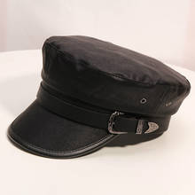 H747-Sombrero militar de cuero Artificial para mujer, gorra plana negra, Retro británico, a la moda, informal, para Otoño e Invierno 2024 - compra barato