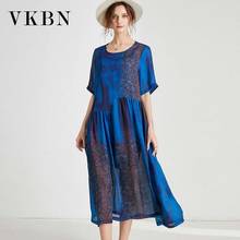 VKBN Large Size 2021 Summer Dresses Woman Patchwork O-Neck Short Sleeve Blue and Red Plus Size Dress 2024 - buy cheap
