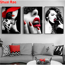 5d faça você mesmo pintura de diamante quadrado completo redondo moderno lábios vermelhos prego sexy mulher arte de parede imagem bordada 2024 - compre barato