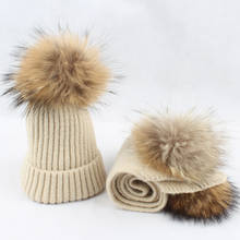 Kid Hat Scarf Set Winter Beanie Real Raccoon Fur Pompom Wool Knit Autumn Warm Skiing Outdoor Accessory For Baby Boy Girl 2024 - buy cheap