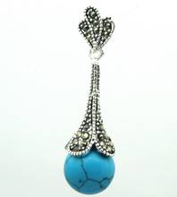 Free Shipping  lady's 925 Sterling Silver Natural 12mm blue Turquoise Marcasite Necklace Pendant 45*12mm 2024 - buy cheap
