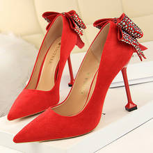Туфли BIGTREE женские на высоком каблуке, замшевые стразы, с бантом, красные свадебные туфли-лодочки 2024 - купить недорого