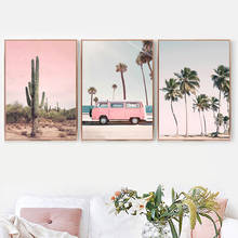 Cacto de ônibus rosa abacaxi mar azul arte de parede tela de pintura pôsteres e impressões imagens de parede para decoração de sala de estar emoldurado 2024 - compre barato